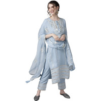 Ishin Women's Silk Blue Gota Patti Embroidered A-Line Kurta Set With Trouser And Dupatta