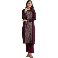 Ishin Women's Mauve Jacquard Style Ethnic Motifs Straight Winterwear Kurta