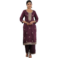 Ishin Women's Purple Zari Work Ethnic Motifs Poly Silk Straight Kurta