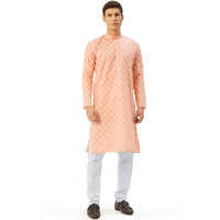 Jompers Men's Cotton Floral Printed Kurta Pyjama Set. (Peach, L)