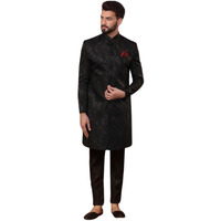 Kisah Men's Indo-Western Sherwani Trouser Set, Black Silk Blend, Jacquard Regular Fit Mandarin Collar Long Sleeves (S)