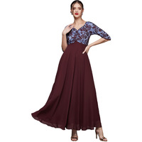 Miss Chase Women's Sweet Heart Neck 3/4 Sleeve Self Design Fit & Flare Maxi Dress With Pockets (Mcss23D79-06-184-04, Wine, M)