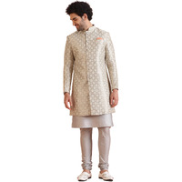 Kisah Men's Kurta Sherwani Churidar Set, Grey Silk Blend, Jacquard Regular Fit Mandarin Collar Long Sleeves, 42