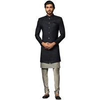 Kisah Men's Navy Blue And Grey Indo-Western Kurta Sherwani Churidar Set Cotton Full Sleaves, Knee Length, Straight, Regular Fit, Mandarin Collar Ethnic Wear