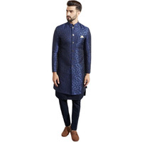 Kisah Men's Kurta Indo-Western Sherwani Trouser Set, Blue Silk Blend, Woven Design Regular Fit Mandarin Collar Long Sleeves (Xl)
