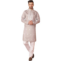 Jompers Men's Grey Chikankari Embroidered Kurta With Pyjama. (Grey, Xxl)