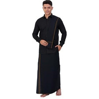 Prakasam Cotton Mens Small Border (Roja) Flexi Adjustable Readymade Pocket Black Dhoti + Readymade Full Sleeve Shirt + Black Small Border Towel