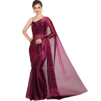 Pujia Mills Woman's Sequence Silk Wine Saree With Stitched Spaghetti Strap Sleeveless Blouse