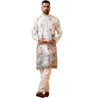 Sojanya (Since 1958 Men's Cotton Krochet Daman Print Cream Kurta With White Pyjama