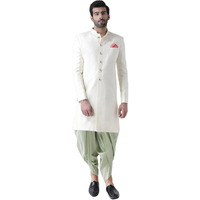 Kisah Men's Indo-Western Sherwani Dhoti Set, White Jacquard Woven Design Regular Fit Full Sleeves Mandarin Colla (L)