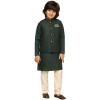 Kisah Boy's Cotton Blend Regular Fit Solid Green Kurta Jacket Pyjama Set (11-12Y)