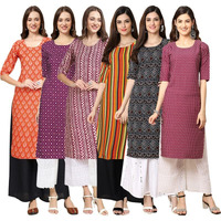 Pinkmint Women's Crepe Digital Print Straight Kurta [Pack Of 6] Multicolour