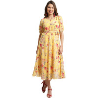 Preneum Women's Maxi Fit & Flare Print Georgette Regular Sleeves Casual |Long Gown For Women (In, Alpha, Xl, Plus, Yellow)