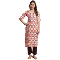 Pinkmint Kurta Set For Women Cotton Printed Knee Length Straight Round Neck Kurti With Pant (Pack Of 1)