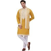Jompers Men's Mustard Embroidered Waistcoat And Kurta Pyjama. (Mustard, M)