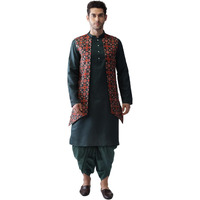 Kisah Men's Cotton Blend Regular Fit Full Sleeves Printed Multicolor Kurta Jacket Dhoti Pants Set (S)