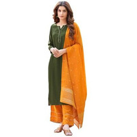 Sanisa Women's Chinnon Sequence Work Straight Kurta With Pant And Jacquard Work Dupatta (67Kbd763Nz-L_Mehndi Green)