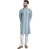 Sojanya (Since 1958 Men's Cotton Silk Printed Teal Blue Kurta With Churidaar Pyjama