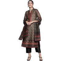Varanga Women Brown Printed Straight Kurta With Solid Bottom And Printed Dupatta  Floral Mandarin Collar, Three Quarter Sleeves, Side Slits