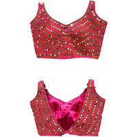 Vihu Fashion Women's Phantom Silk Embroidery Real Mirror Work Sleeveless Saree Readymade Blouse (V -Mirror Blouse_Pink_38 Size)