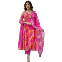 Xomantic Fashion Pink Georgette Printed Alia Cut Suit Set (Medium, Pink)