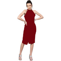 Shasmi Polyester Blend Bodycon Knee-Length Women's Elegant Halter Neck Pleated Flounce Sleeveless Midi Dress (Dresses For Tops_Maroon_Xl)