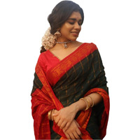 Flosive Women's Black Kanjivaram Silk Saree With Blouse
