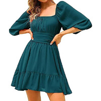 Patlani Western Dresses For Women | Solid Georgette Smock Off Shoulder- Dress | Midi Western Dress For Women.(Off-Teal-L)