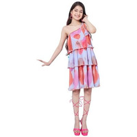 Pspeaches Girl's Abstract Printed One Shoulder Style Georgette A-Line Dress Trandy Stylepurple Color Fashionista Choice Eye-Catching Print (15-16Years)