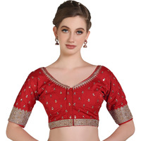 Pujia Mills Women Indian Ethnic Wear Designer Golden Codding With Zari Embroidered Diamond Work Round Neck Half Sleeve Readymade Aari Work Saree Blouse Bridal Readymade Blouse Red Lehenga Choli