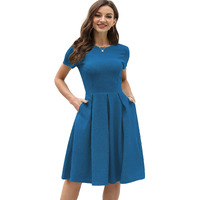 Shasmi Girl's & Women's Solid Cadet Blue Color Solid Slant Pocket Fold Pleated, Women Cocktail Party Vintage Style With Pockets Big Swing Simple Retro Dress (Dress 166 Falsa Blue-M)