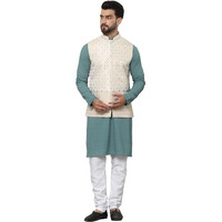Sojanya (Since 1958 Men's Pure Cotton Sea Green Kurta And White Pyjama With Cream Nehru Jacket