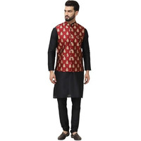Sojanya (Since 1958 Men's Silk Blend Black Kurta Pyjama With Maroon Nehrujacket Set