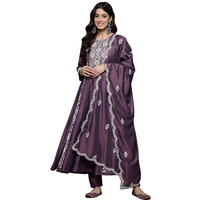 Varanga Women Purple Floral Thread Embroidered Anarkali Kurta With Bottom And Dupatta