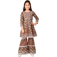 Aarika Girls Ethnic Wear Brown Colour Floral Print With Gota Lace Cotton Kurti Sharara Set (5-16 Years)