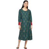 Fabindia Women's Solid Green Rayon Blend Round Neck Ankle Length Dress (203758601 M)