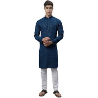 Jompers Men's Chikankari Embroidered And Sequence Kurta With Pyjama (Peacock, S)