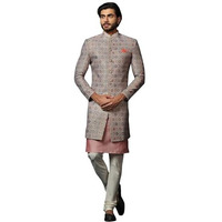 Kisah Men's Grey And Pink Indo-Western Kurta Sherwani Churidar Set Cotton Full Sleaves, Knee Length, Straight, Regular Fit, Mandarin Collar Ethnic Wear