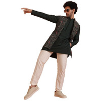 Kisah Men Kurta Jacket Trouser Set, Multi Cotton Blend, Printed Regular Fit Mandarin Collar Long Sleeves, 42