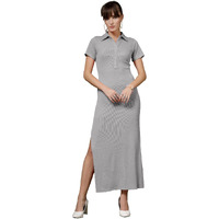 Oomph! Women's Western & Fusion Wear Stretchable Ribbed Lycra Shirt Dress For Women, Bodycon, Grey - Md1118