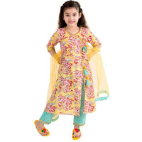 Pspeaches Girls Yellow Floral Printed Angrakha Pure Cotton Kurta With Trousers With Dupatta (Yellow-7-8Y)