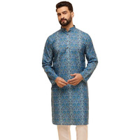 Sojanya (Since 1958 Men's Cotton Linen Geometric Printed Peacock Blue Only Long Kurta