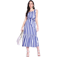 Popwings Women Casual Blue & White Stripe Long Belt Dress Dress | Stylish Dress | Trendy Dress