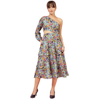 Oomph! Women's Western & Fusion Wear Printed Crepe Dress For Women, One Shoulder, Blue - Md1068