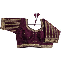 Pujia Mills Women's Readymade Blouse Embroidery Multi Coding Gold Thread Indian Ethnic Designer Stitched Women's Readymade Saree Half Sleeve Wine Color Blouse For Women For Saree Lehenga Choli