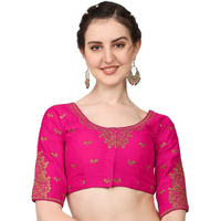 Pujia Mills Women's Embroidery Handwork Work Gold Moti Half Sleeves Readymade Blouse (Pink, 36)