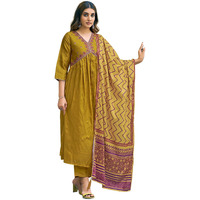 Sanisa Women's Art Silk Sequence Embroidery Work Gota Lace Alia Cut Kurta With Pant And Dupatta Set| Ethnic Set | Suit Set | Kurta Set(163Kbd1759N-L_Mustard Yellow)