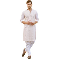 See Designs Men Full Sleeve Pink Cotton Pintex Design Sequins Mandarin Collar Side Slit Kurta - Sd2Kt_2460L