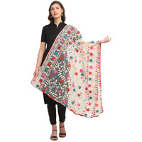 Shasmi Women's Heavy White Colour Net Embroidered Fancy Phulkari Work Dupatta For Women (White)