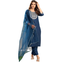 Sanisa Women's Cotton Blend Sequence And Embroidery Work Straight Kurta With Pant And Dupatta Set (198Kbd2103N-M_Dark Blue)